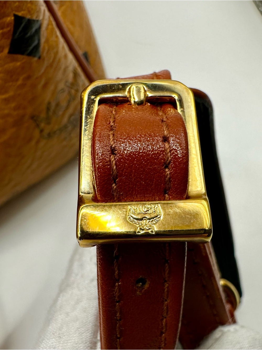 MCM Visetos Cognac Monogram Satchel with Red-Brown Handles - Picture 14 of 16